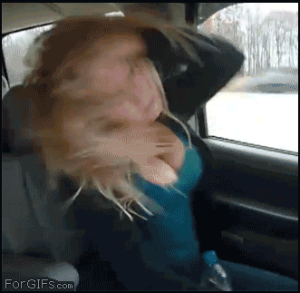 Cleavage shakes as teenager jiggles hair in a van