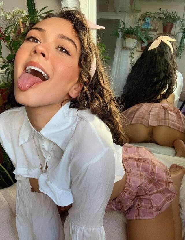Christian teenager puts her tongue out for jizz